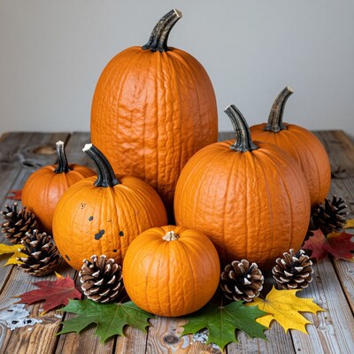 Autumn Pumpkins with Pinecones and Leaves