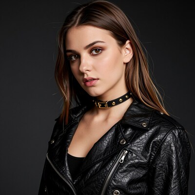 Woman in black leather jacket