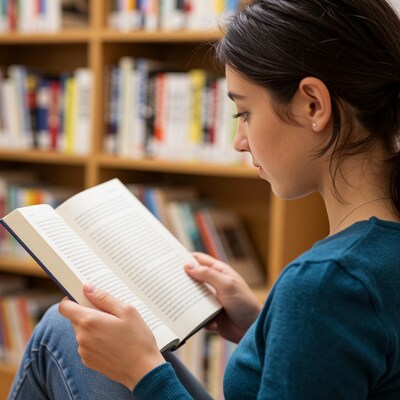 Young woman reading book in library