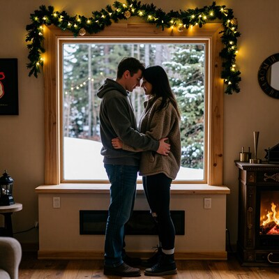 Couple Embracing by Christmas Window
