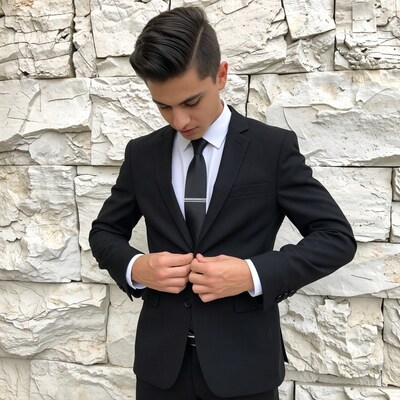 Young man buttoning black suit