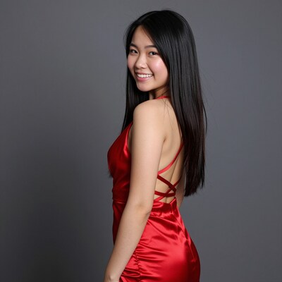 Smiling Asian woman in red dress