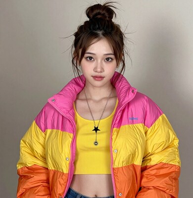 Asian woman in colorful puffer jacket