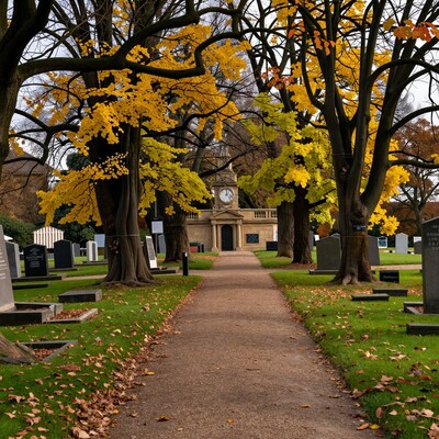 Autumn Cemetery Path with Golden Trees