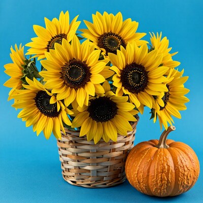 Sunflowers in Basket with Pumpkin