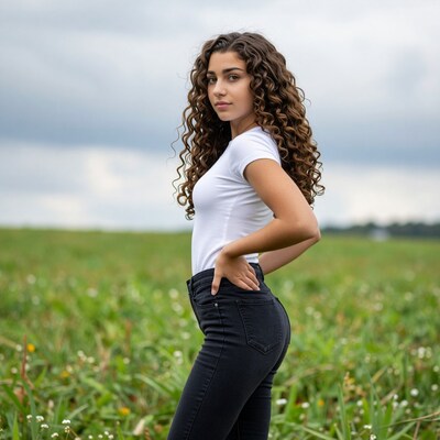 Young woman with curly hair in field