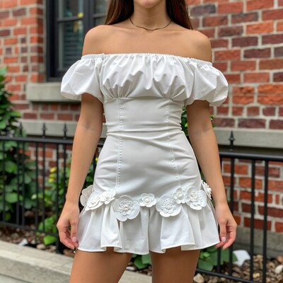 Woman in white off-shoulder mini dress