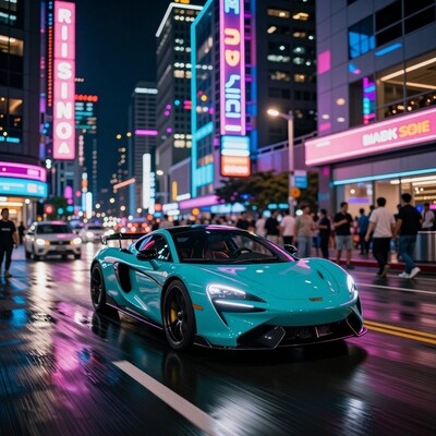 Turquoise McLaren Sports Car Neon City Night