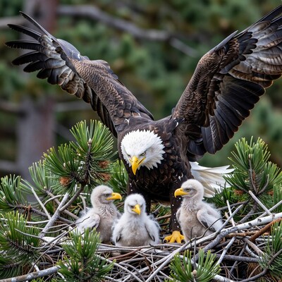 Bald Eagle Mother with Three Chicks in Nest