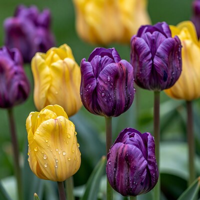 Purple and Yellow Tulips with Raindrops