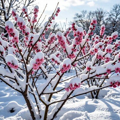 Snow Covered Pink Plum Blossoms
