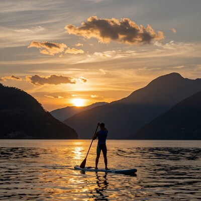 Man Paddleboarding at Sunset