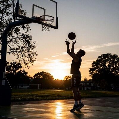 Man Shooting Basketball at Sunset