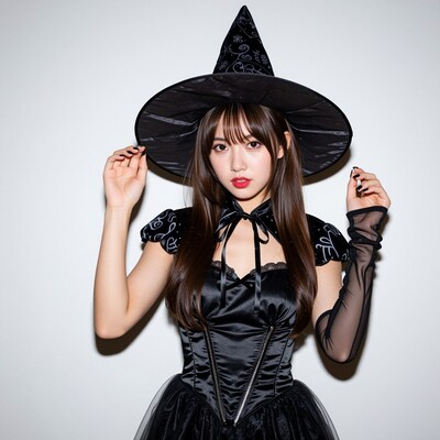 Asian woman in black witch costume