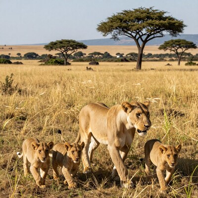 Lioness with cubs in savanna