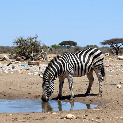 Zebra drinking polluted water
