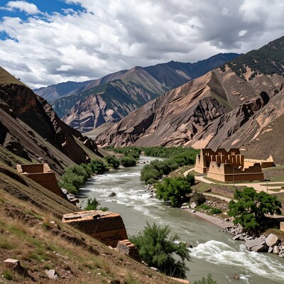 Ancient Ruins Mountain River Valley