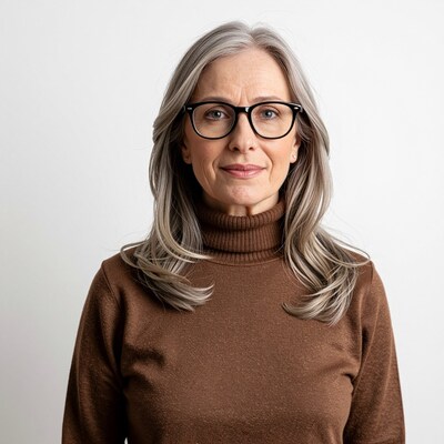 Mature woman with gray hair and glasses