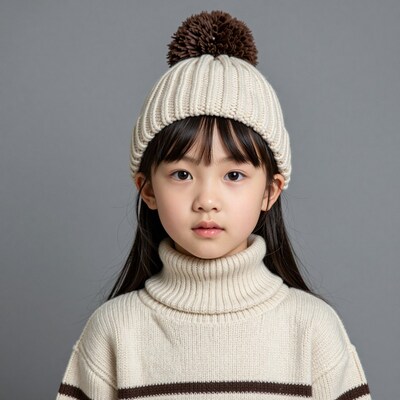 Young East Asian girl in cream turtleneck and pom pom beanie