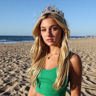 Blonde Girl with Crown on Beach