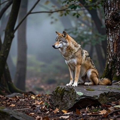 Wolf Sitting on Rock in Misty Forest