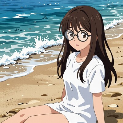 Anime girl with glasses on beach
