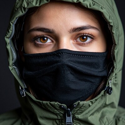 Woman in green hooded jacket and black face mask