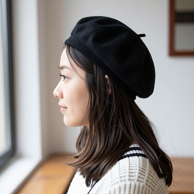 Asian woman in black beret