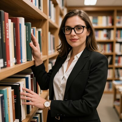 Woman in Library Selecting Book
