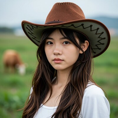 Young Asian woman in cowboy hat
