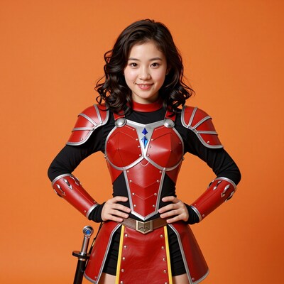 Asian woman in red knight armor