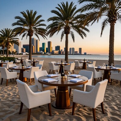 Beachfront Dining with Palm Trees and City Skyline