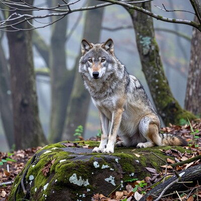 Wolf Sitting on Mossy Rock in Foggy Forest