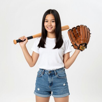 Young Asian girl with baseball bat and glove