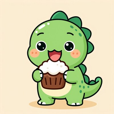 Cute Green Dinosaur Eating Cupcake
