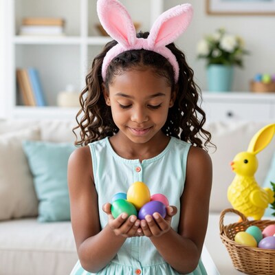 Girl with Easter eggs and bunny ears