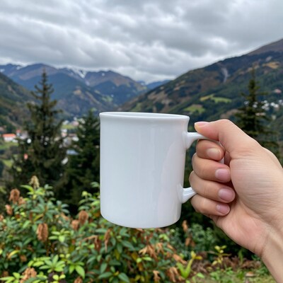 Hand holding white mug