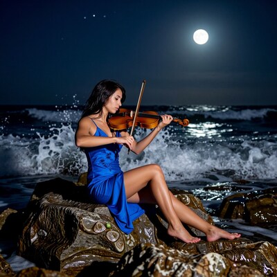Woman playing violin on moonlit rocks