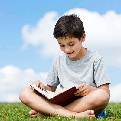Boy reading book on grass