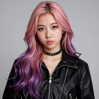 Asian woman with pink purple hair