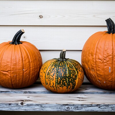 Three Pumpkins on Wooden Bench