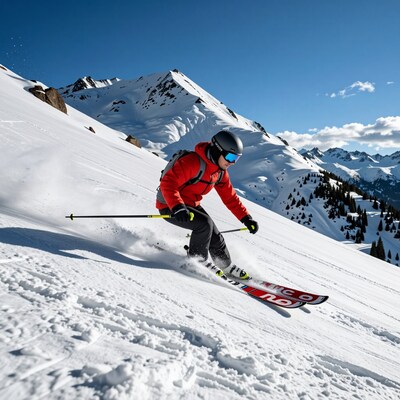 Skier carving down snowy slope