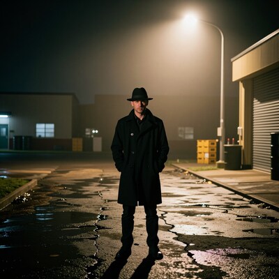Man in Black Coat and Hat at Night
