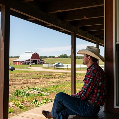 Farmer on Porch Overlooking Barn