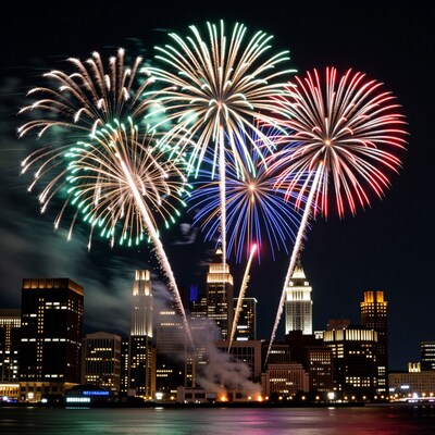 Fireworks Over City Skyline