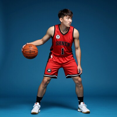 Asian man in red basketball uniform