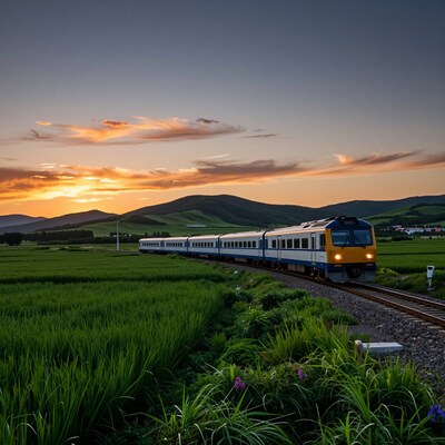 Train at Sunset in Green Fields