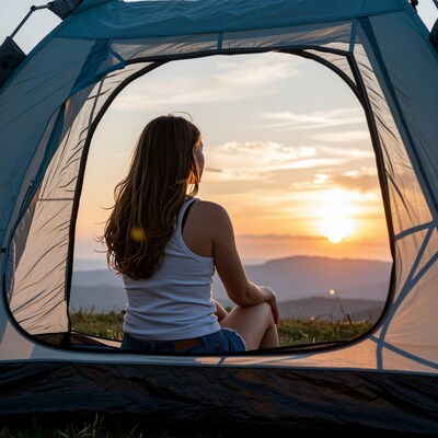 Woman Camping at Sunset