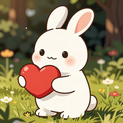 Cute white bunny hugging red heart