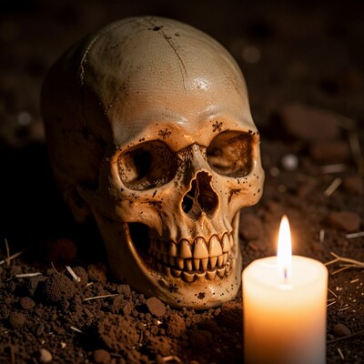Human Skull with Candle